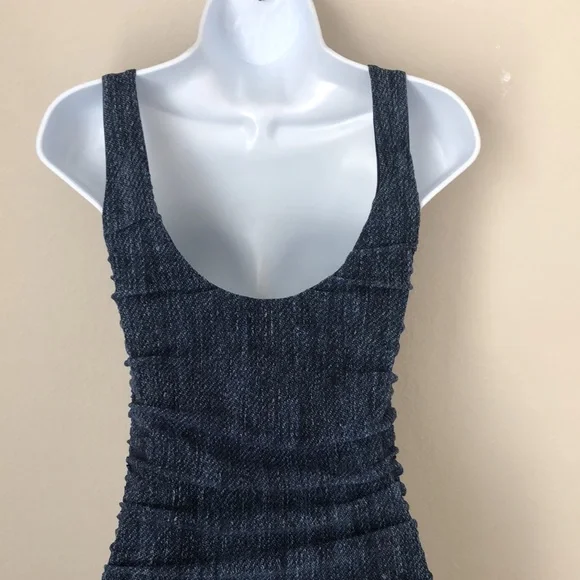 90’s Vintage Fuzzi Denim Printed Mesh Ruched Midi Dress - Picture 3 of 5